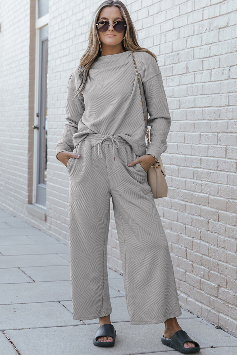 Double Take Full Size Textured Long Sleeve Top and Drawstring Pants Set - AMIN Clothing 