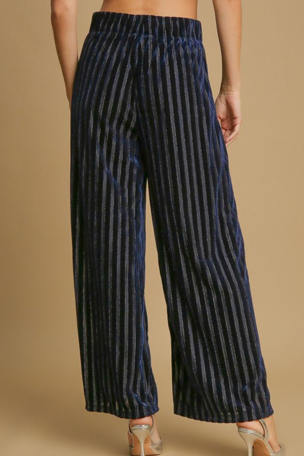 Umgee Full Size Elastic Waist Striped Wide Leg Velvet Pants - AMIN Clothing 