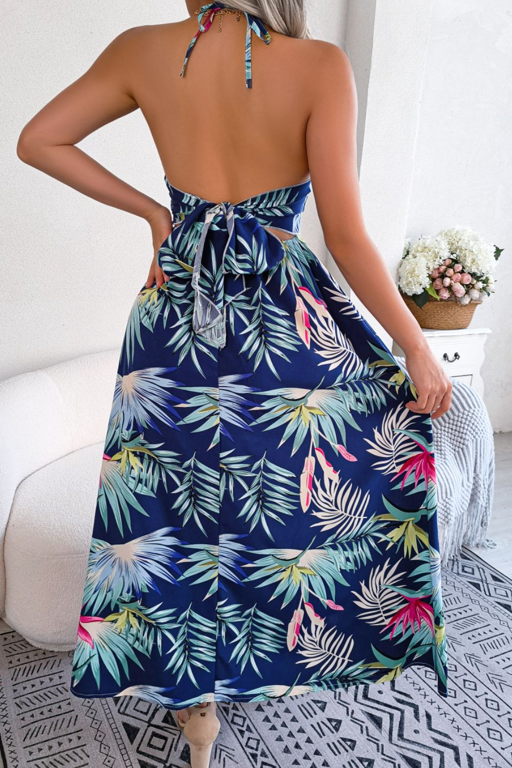 Botanical Print Tied Backless Cutout Slit Dress - AMIN Clothing 