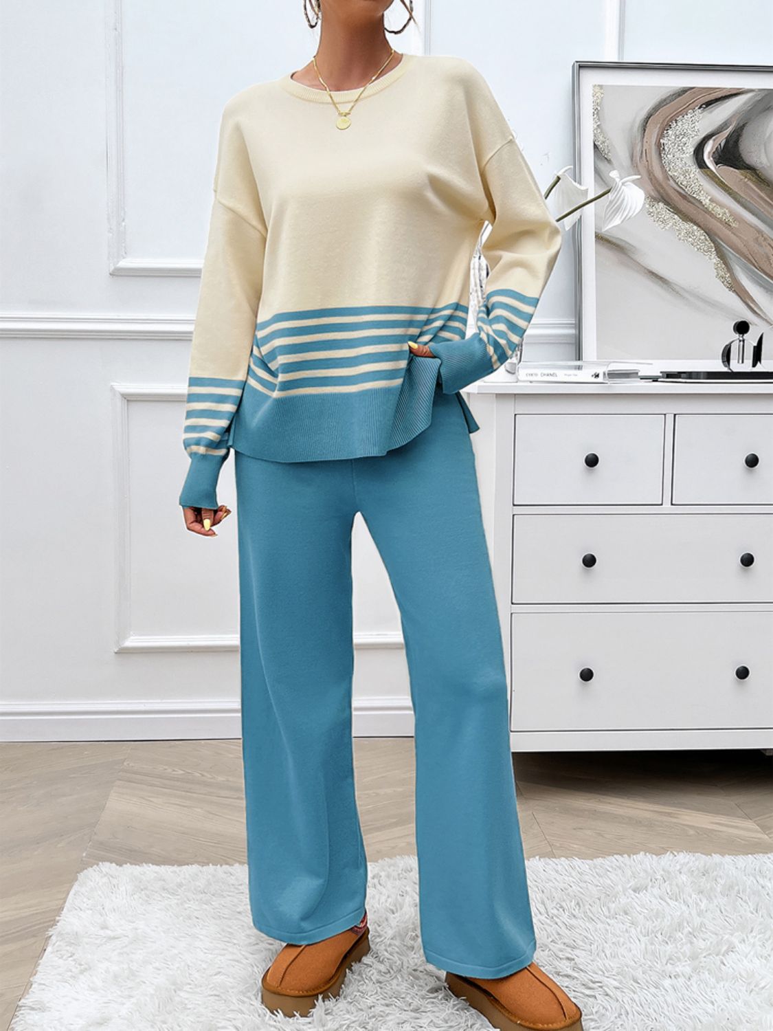 Devine Slit Striped Round Neck Top and Pants Sweater Set - AMIN Clothing 