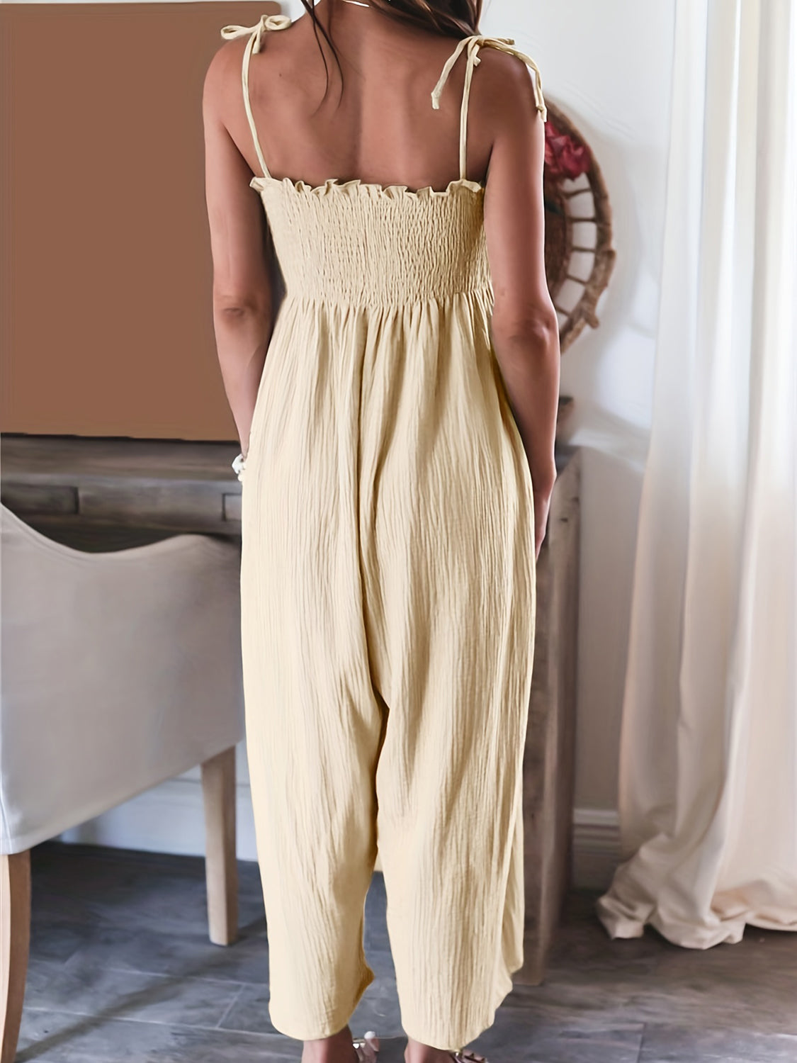 Full Size Smocked Spaghetti Strap Wide Leg Jumpsuit - AMIN Clothing 