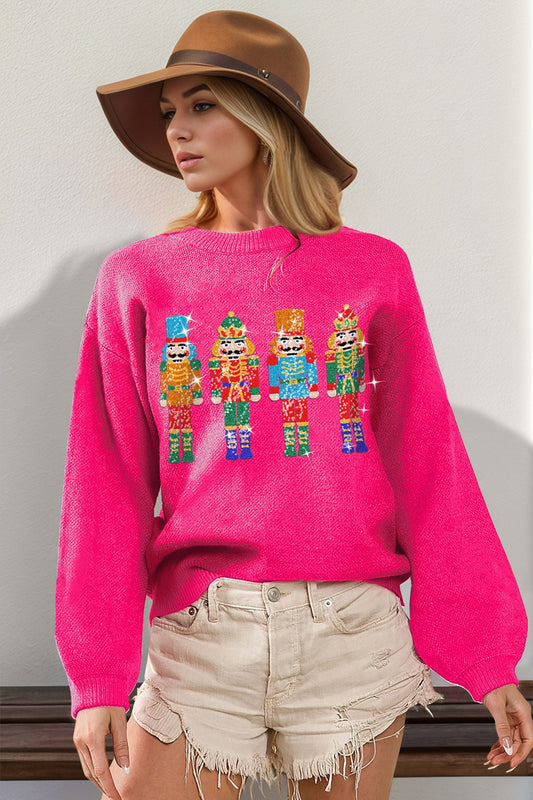 Double Take Full Size Sequin Nutcracker Long Sleeve Sweater - AMIN Clothing 