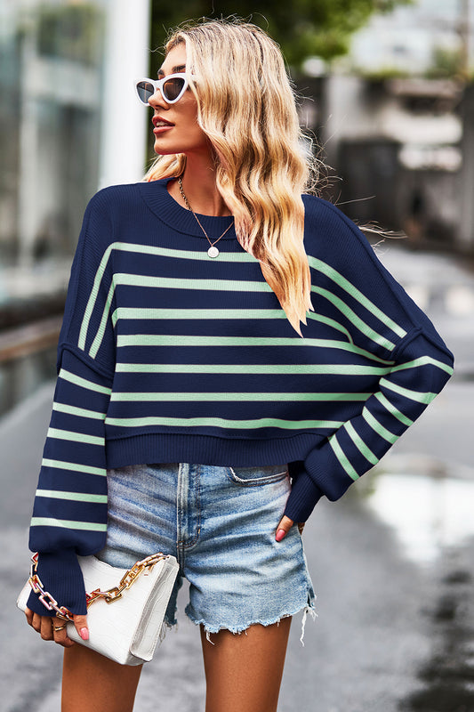 Striped Round Neck Drop Shoulder Slit Sweater - AMIN Clothing 