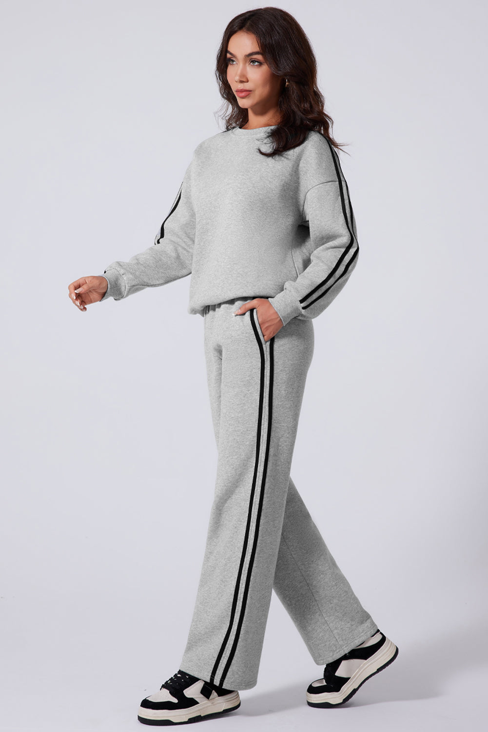 Side Striped Round Neck Top and Pants Active Set - AMIN Clothing 