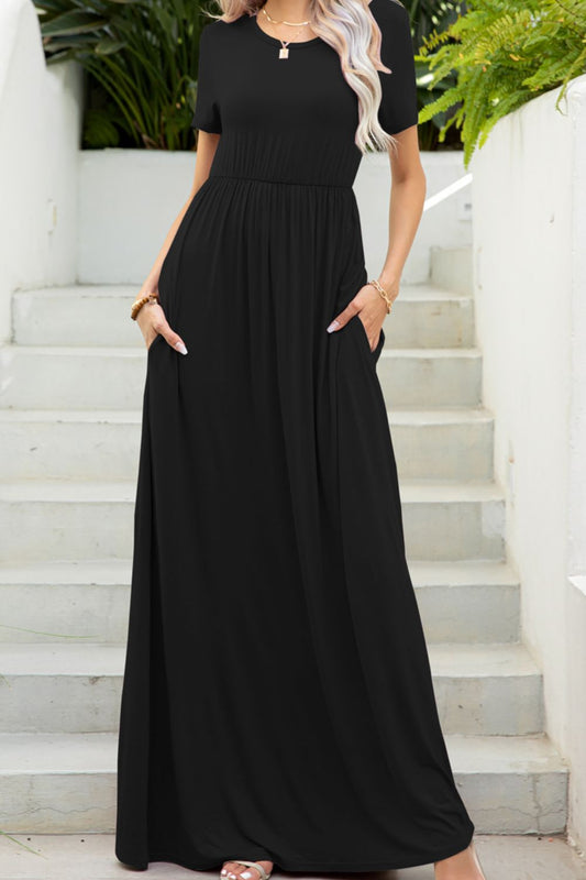 Round Neck Maxi Tee Dress with Pockets - AMIN Clothing 