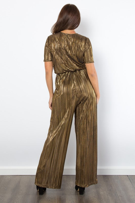 Be Stage Surplice Short Sleeve Pleated Foil Jumpsuit - AMIN Clothing 