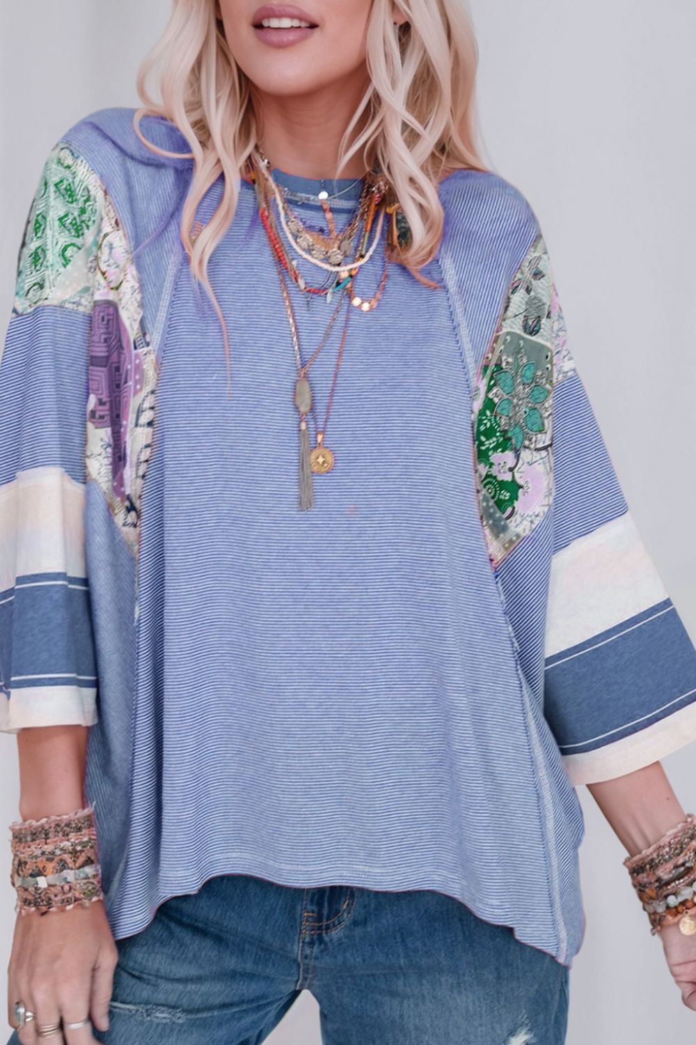 Striped Floral Patchwork Round Neck Top - AMIN Clothing 