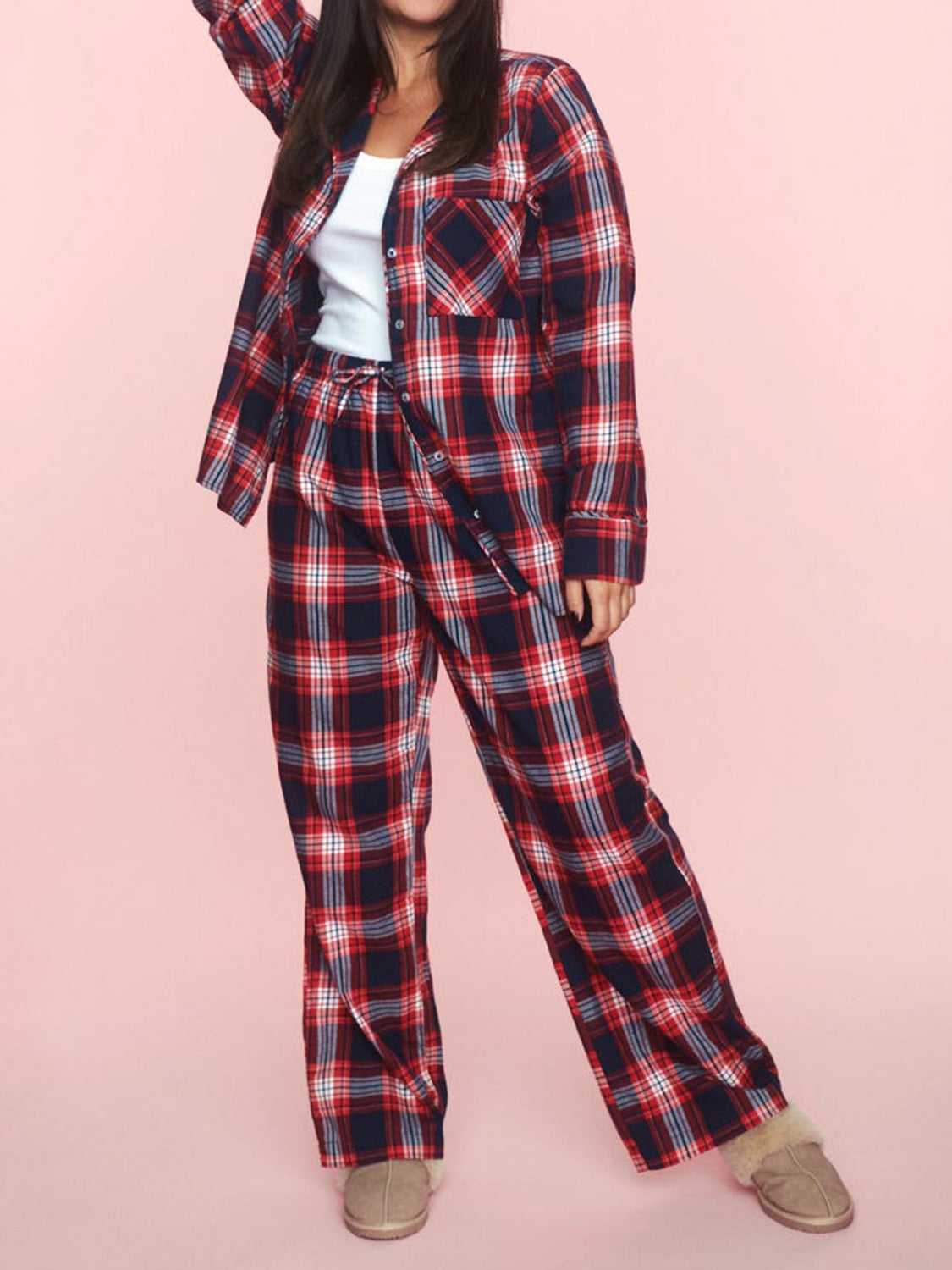 Plaid Collared Neck Button Up Top and Pants Lounge Set - AMIN Clothing 