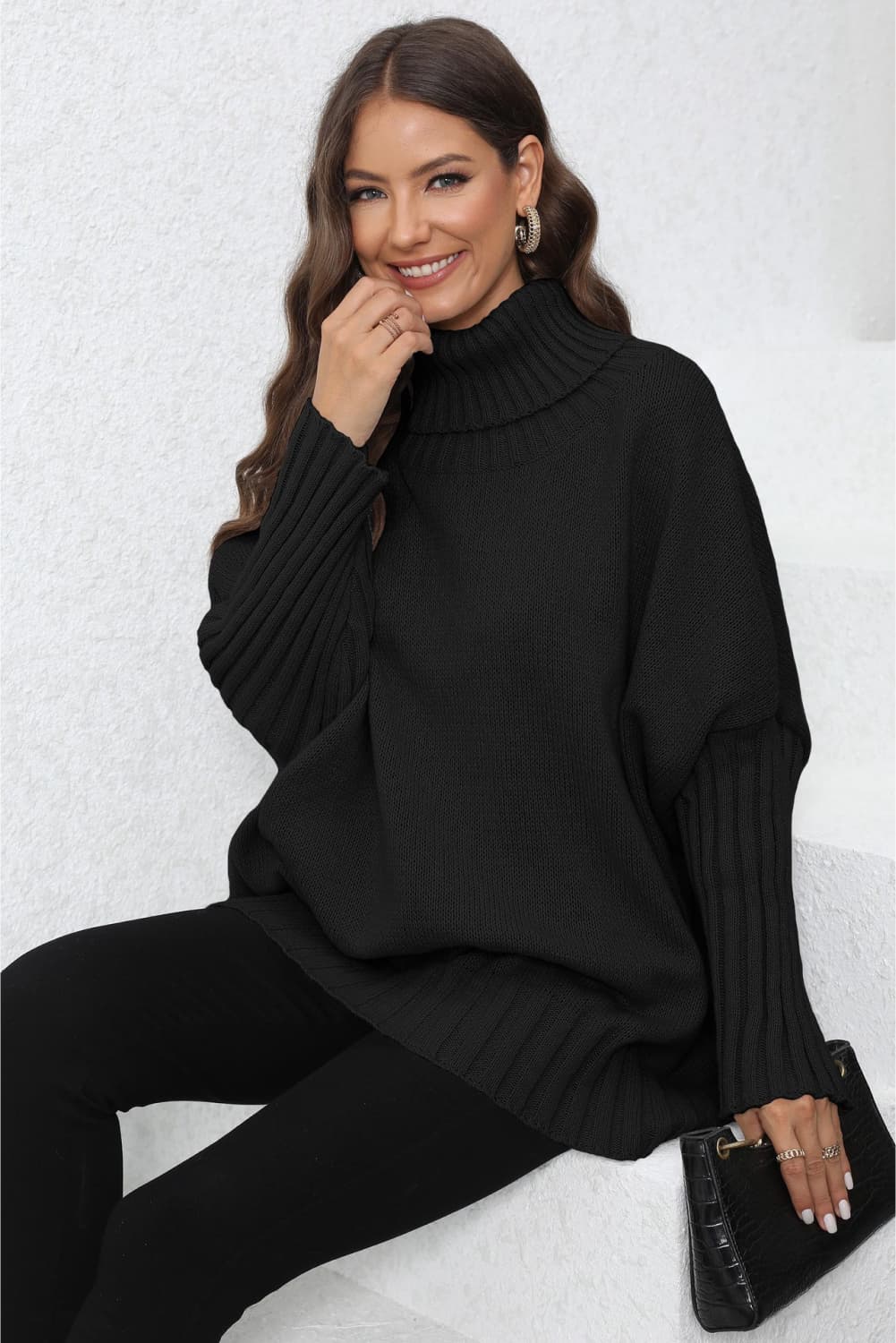 Turtle Neck Long Sleeve Ribbed Sweater - AMIN Clothing 