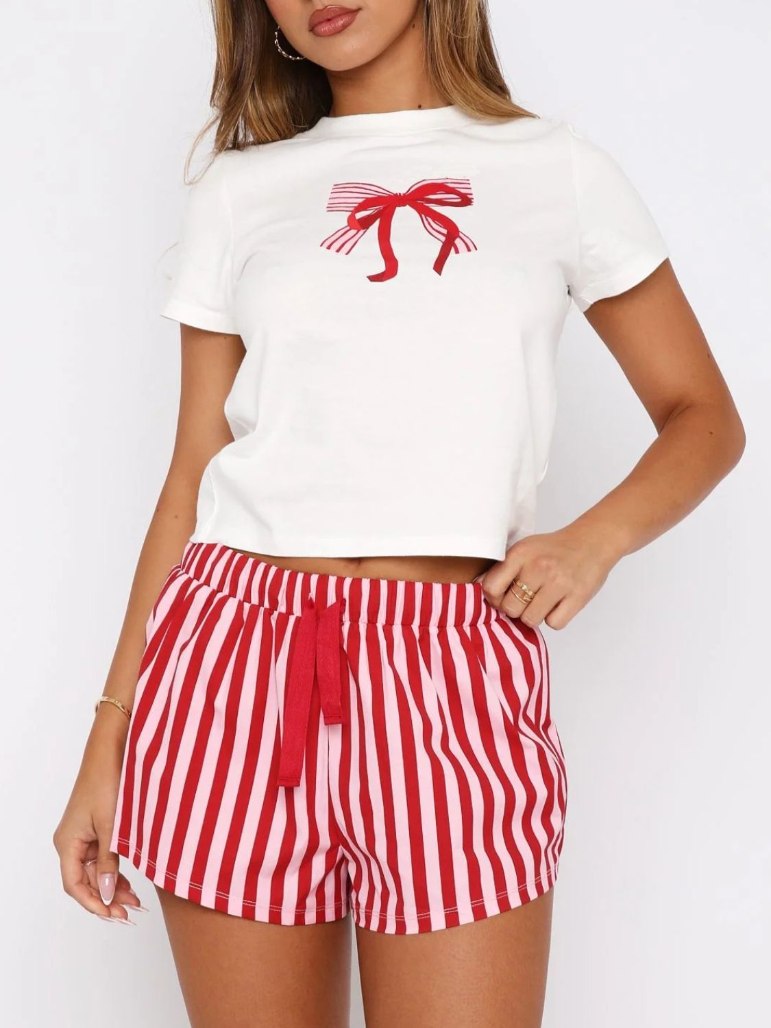 Printed Round Neck Short Sleeve Top and Drawstring Shorts Set - AMIN Clothing 