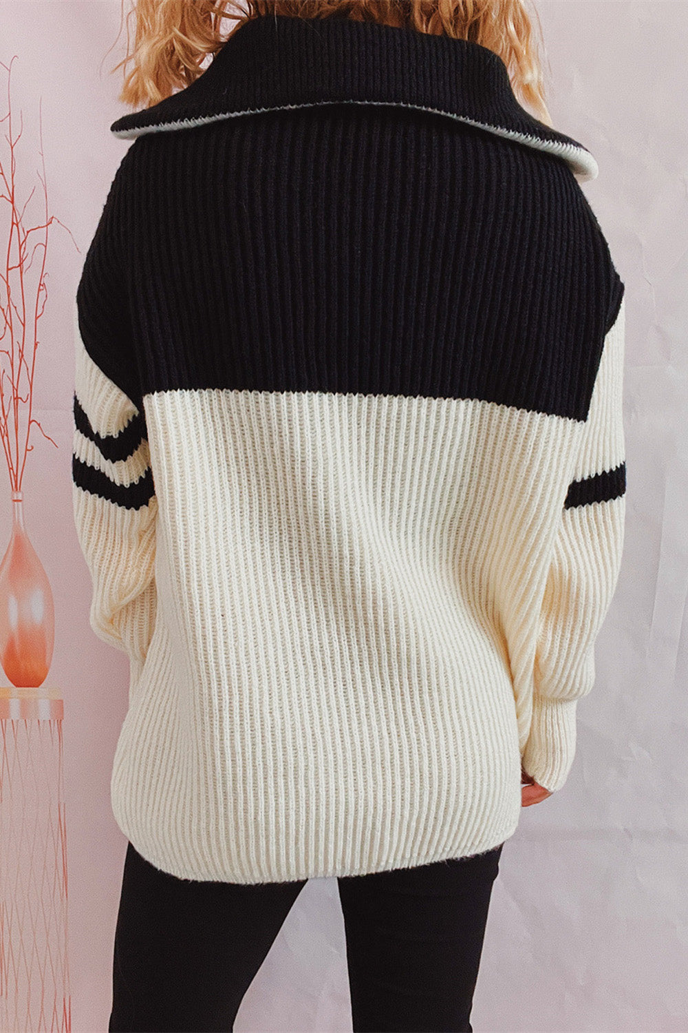 Quarter Zip Striped Dropped Shoulder Sweater - AMIN Clothing 