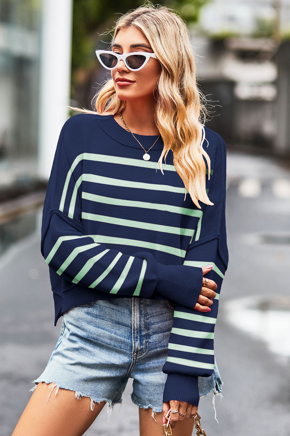 Striped Round Neck Drop Shoulder Slit Sweater - AMIN Clothing 