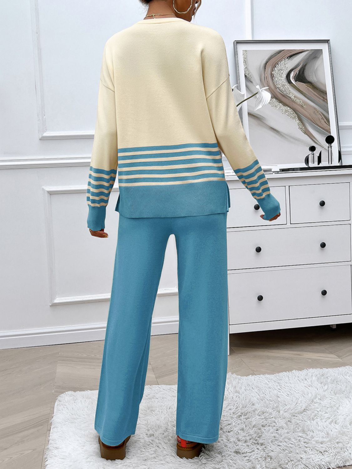 Devine Slit Striped Round Neck Top and Pants Sweater Set - AMIN Clothing 