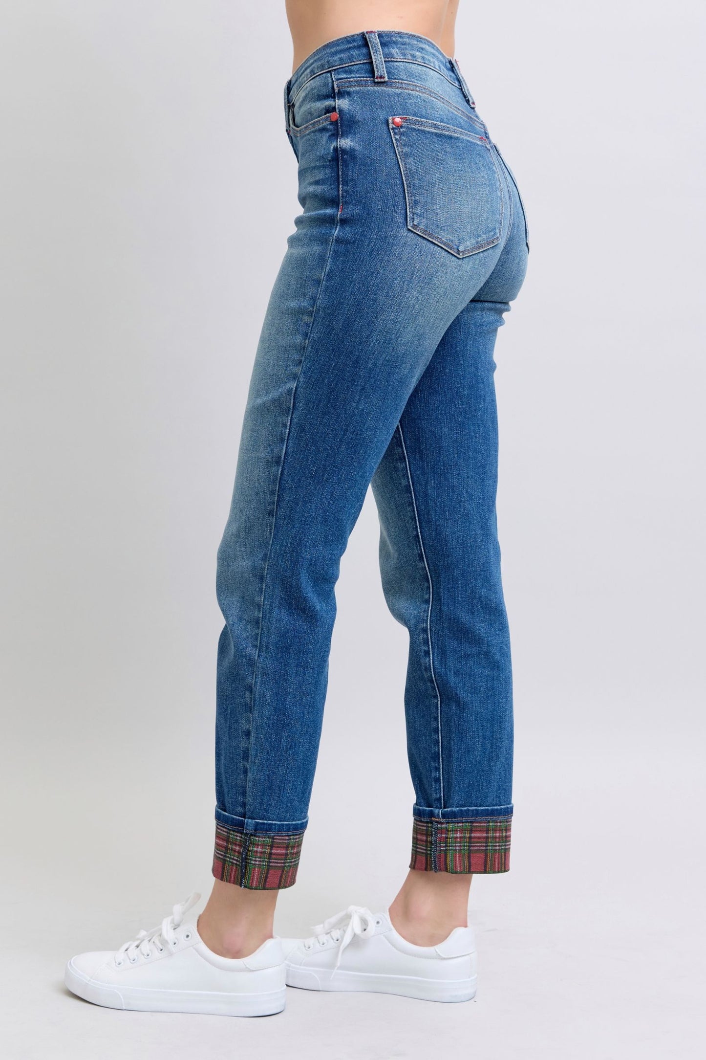 Judy Blue Full Size Plaid Print Cuff Straight Leg Jeans with Pockets - AMIN Clothing 