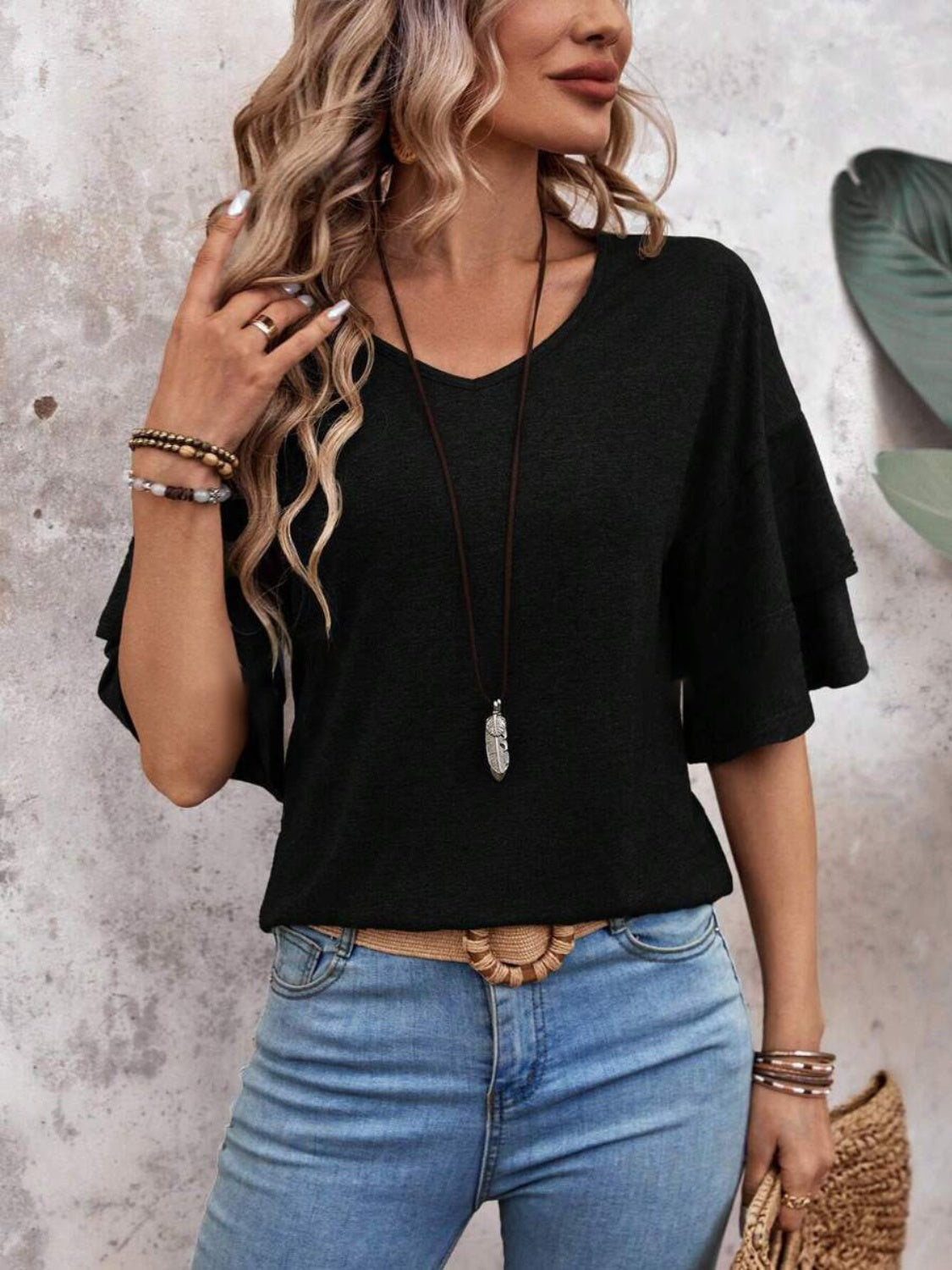 V-Neck Half Sleeve Blouse - AMIN Clothing 