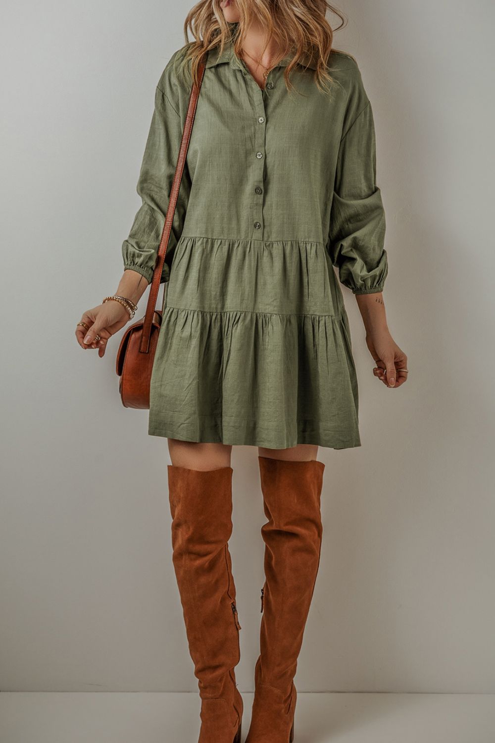 Tiered Collared Neck Balloon Sleeve Shirt Dress - AMIN Clothing 