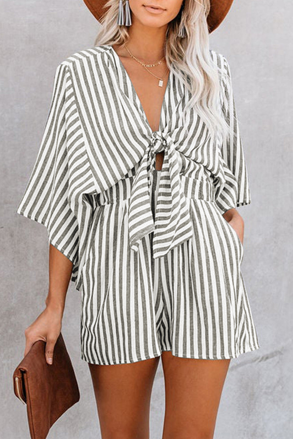 Bow Striped Kimono Sleeve Romper - AMIN Clothing 