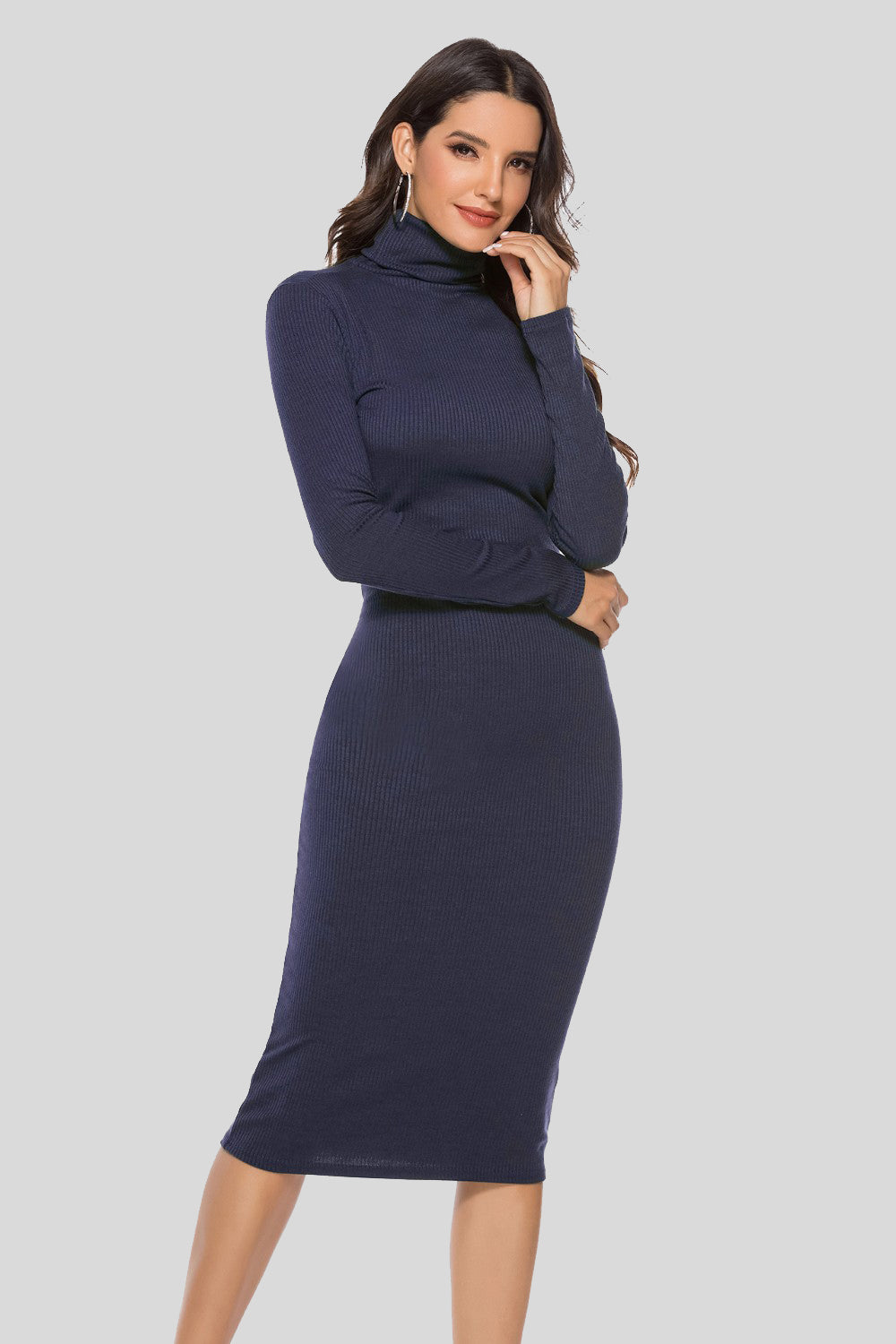 Ribbed Turtleneck Long Sleeve Dress - AMIN Clothing 