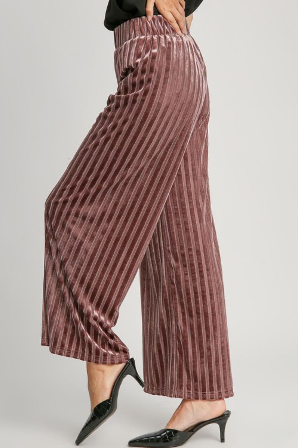 Umgee Full Size Elastic Waist Striped Wide Leg Velvet Pants - AMIN Clothing 