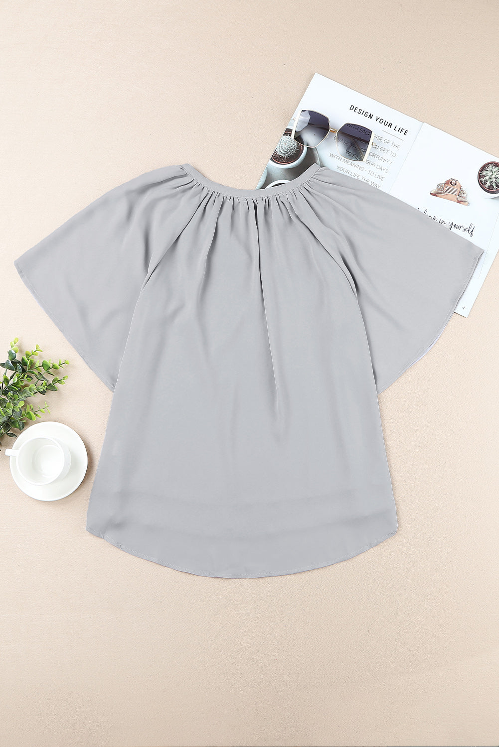 Gathered Detail Notched Neck Flutter Sleeve Top - AMIN Clothing 