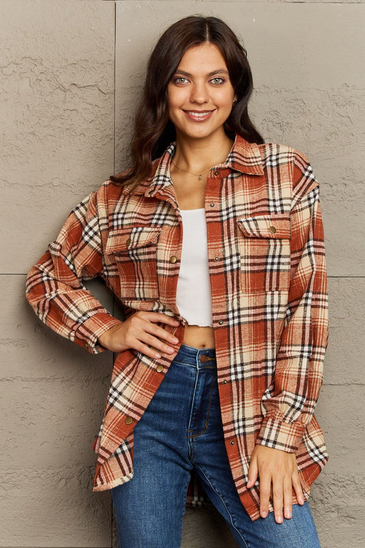 Ninexis Full Size Plaid Collared Neck Button-Down Long Sleeve Jacket - AMIN Clothing 