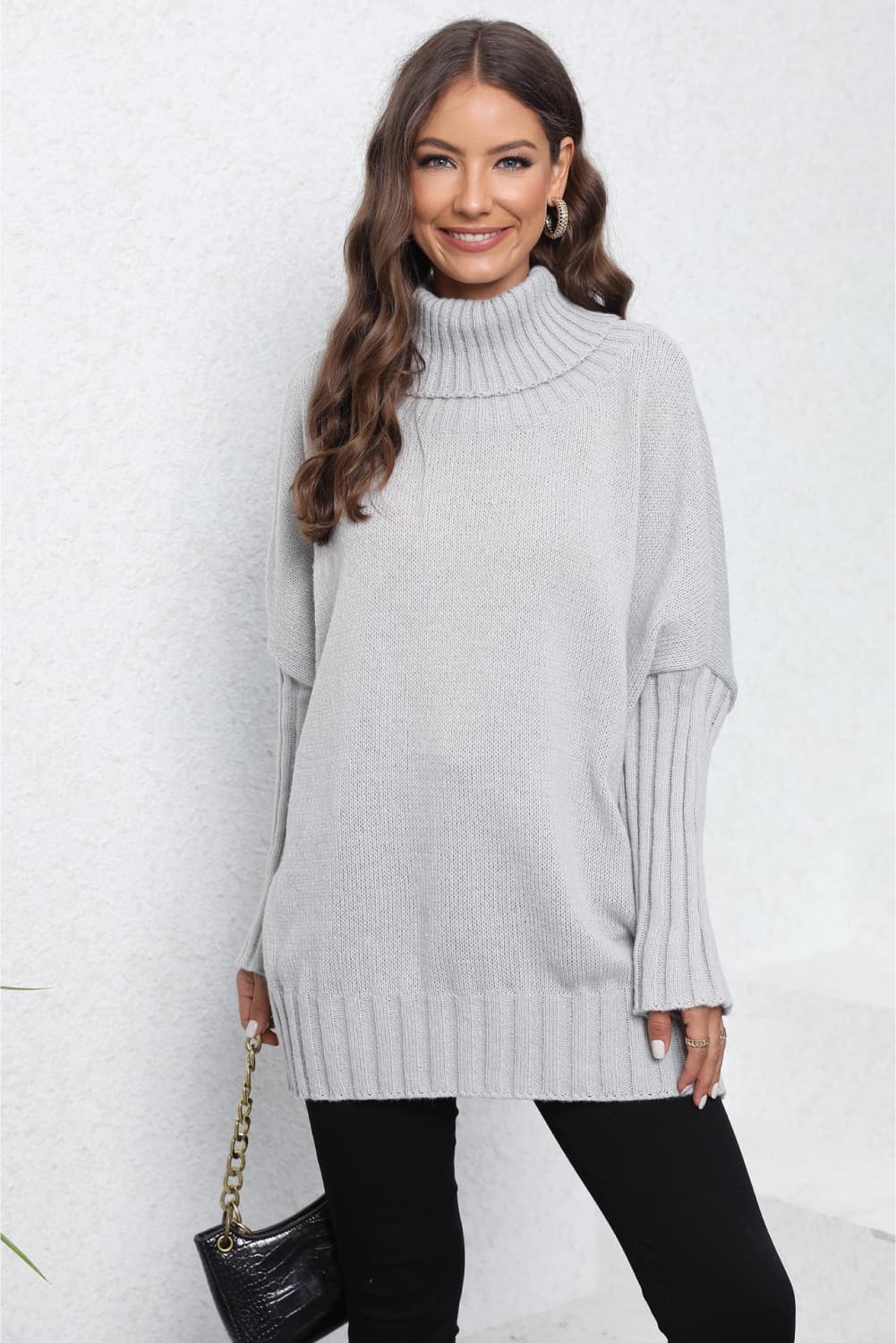 Turtle Neck Long Sleeve Ribbed Sweater - AMIN Clothing 