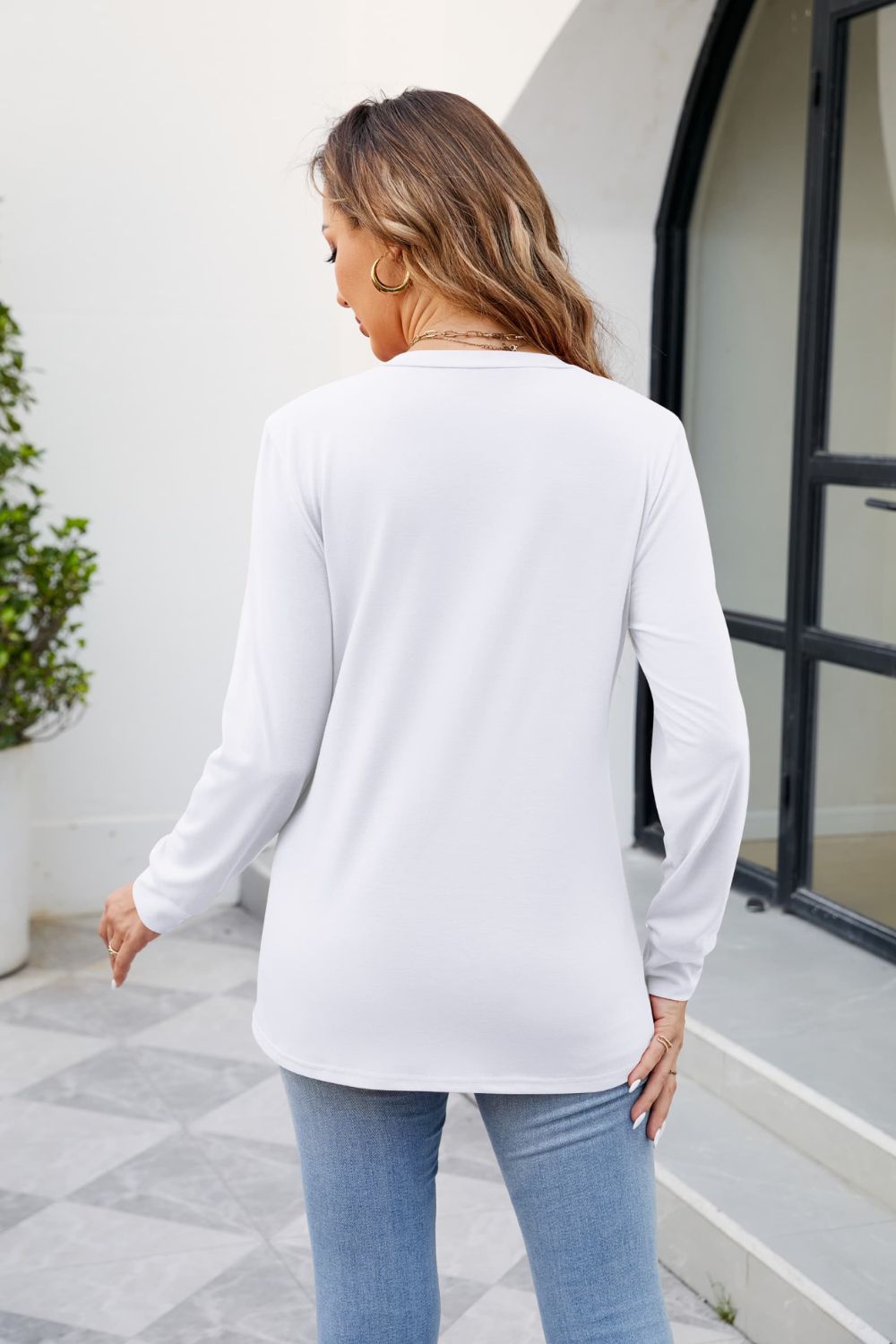 V-Neck Ruched Long Sleeve Blouse - AMIN Clothing 