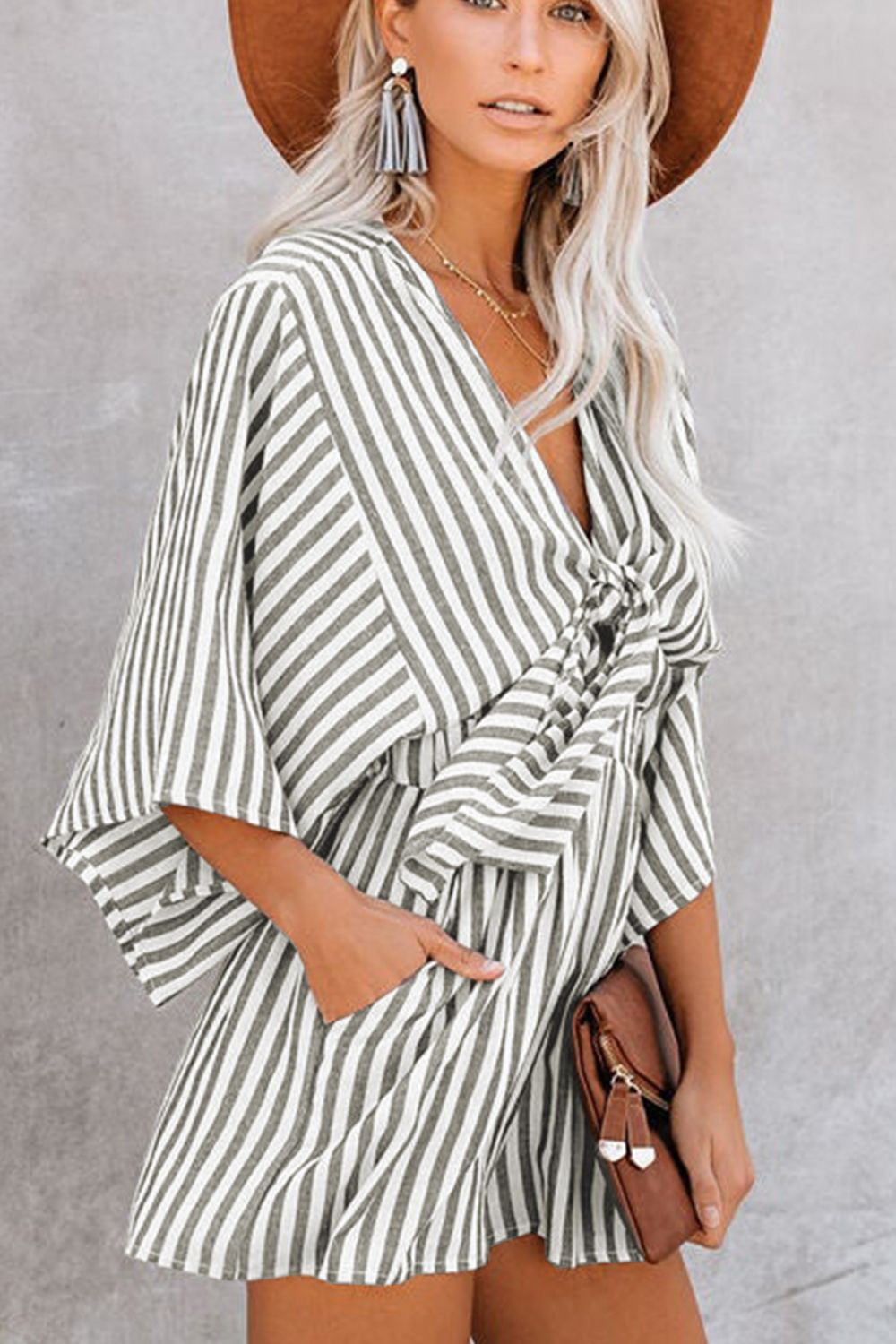 Bow Striped Kimono Sleeve Romper - AMIN Clothing 