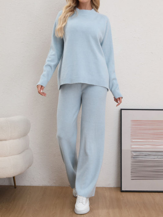 Mock Neck Long Sleeve Top and Pants Sweater Set - AMIN Clothing 