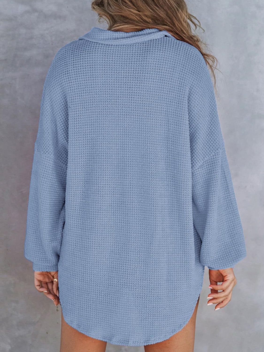 Waffle-Knit Dropped Shoulder Long Sleeve Sweatshirt - AMIN Clothing 