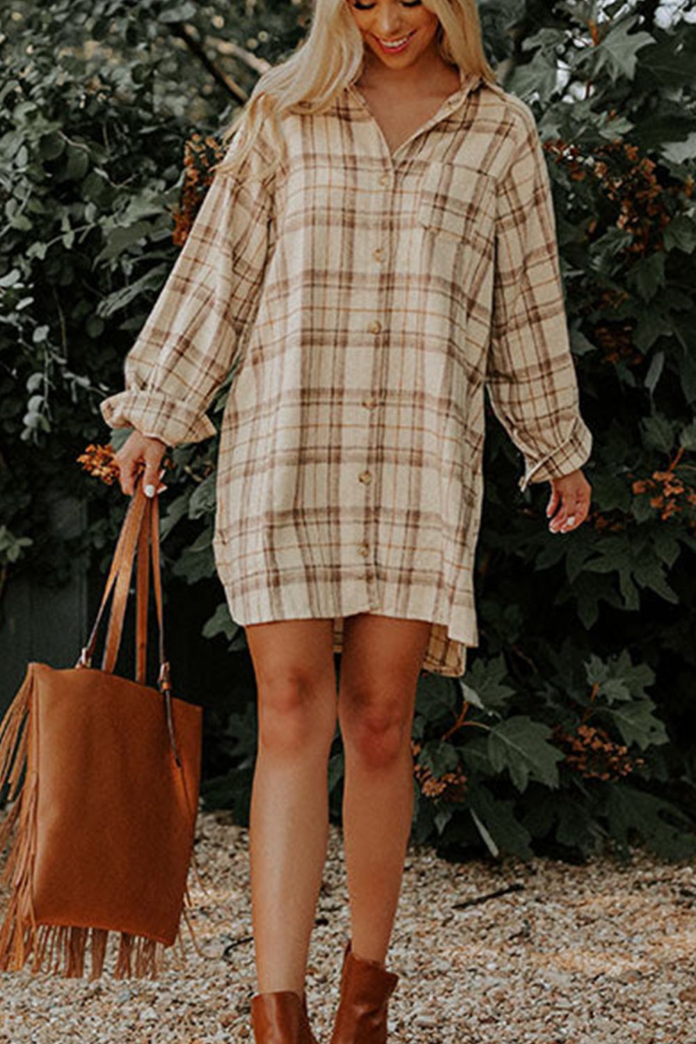 Plaid Collared Neck Long Sleeve Mini Shirt Dress - AMIN Clothing 