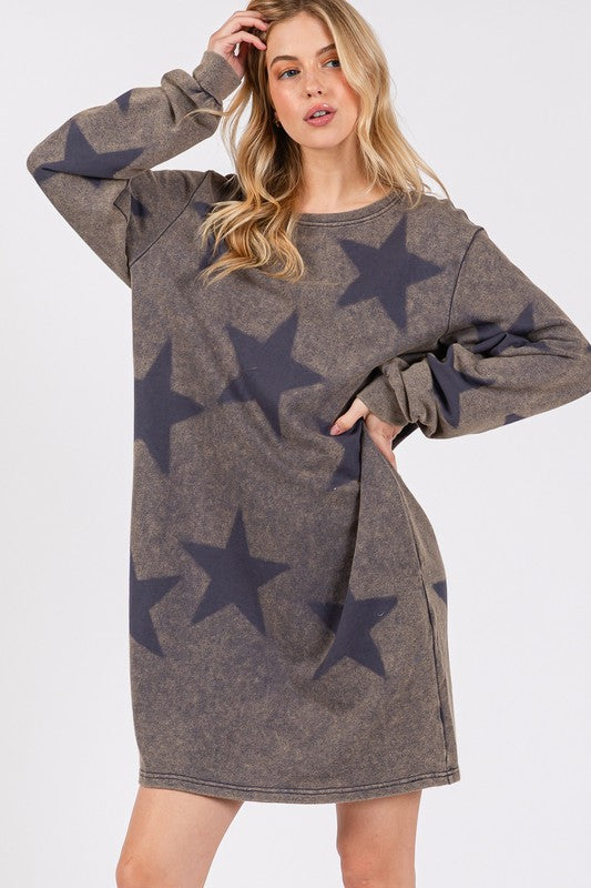 SAGE + FIG Washed Star Print Round Neck Dress - AMIN Clothing 