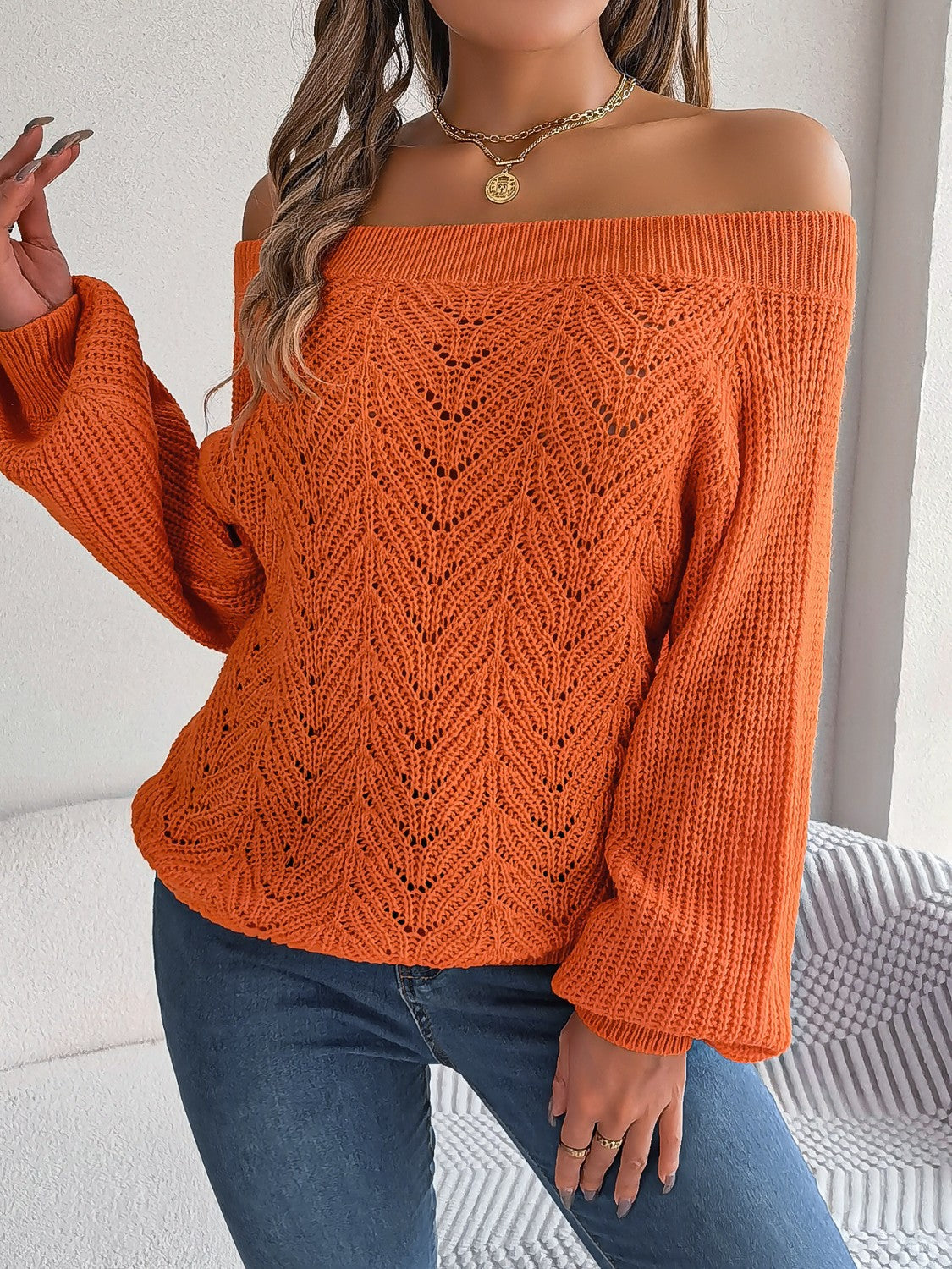 Openwork Off-Shoulder Long Sleeve Sweater - AMIN Clothing 