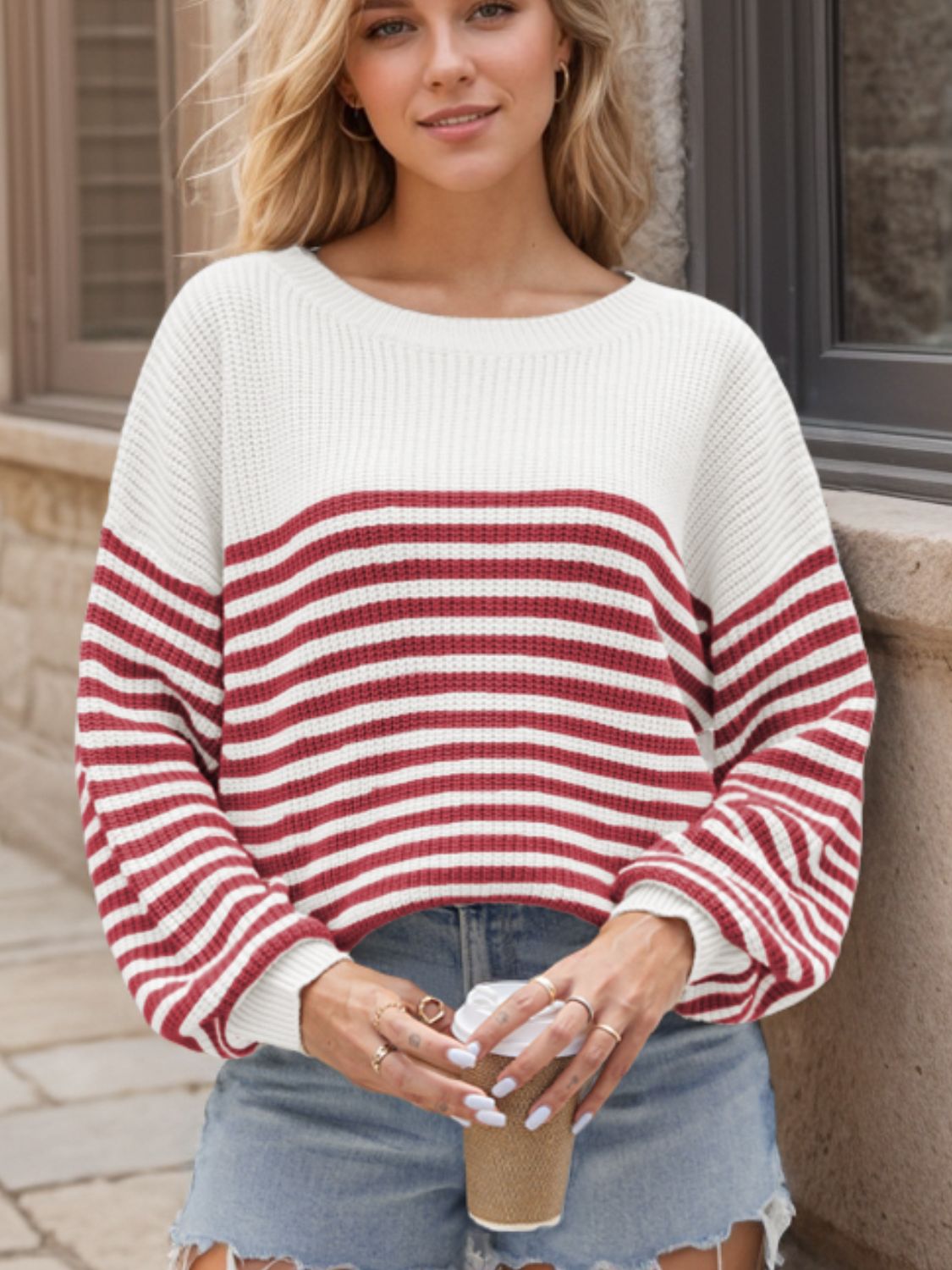 Striped Round Neck Long Sleeve Sweater - AMIN Clothing 