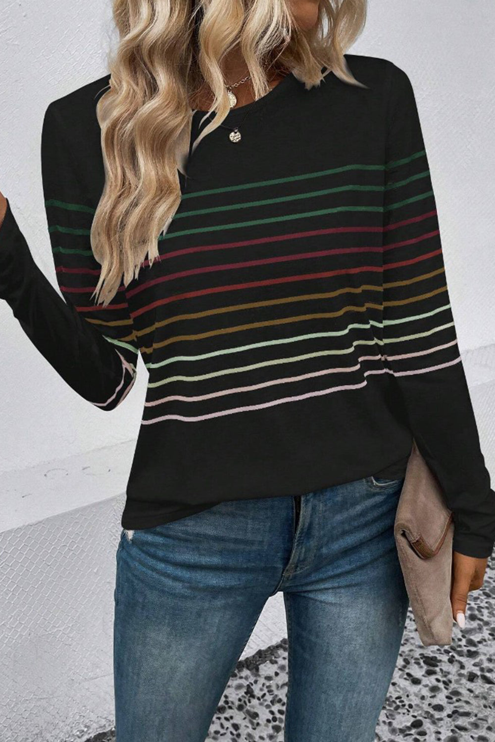 Striped Round Neck Long Sleeve T-Shirt - AMIN Clothing 