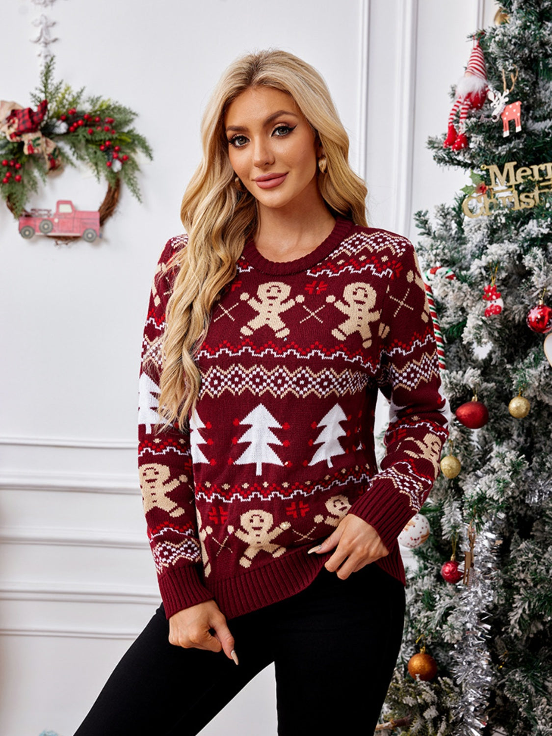 Gingerbread Round Neck Long Sleeve Sweater - AMIN Clothing 