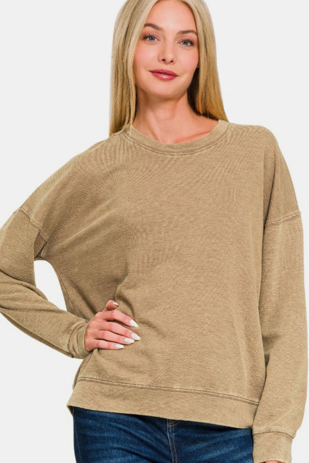 Zenana Washed Round Neck Dropped Shoulder Sweatshirt - AMIN Clothing 