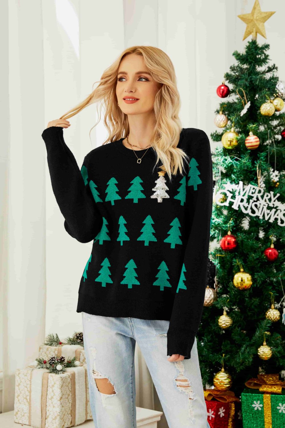 Christmas Tree Round Neck Ribbed Trim Sweater - AMIN Clothing 