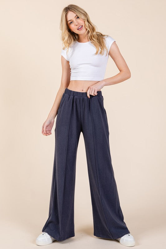 BOMBOM Elastic Waist Wide Leg Pants with Pockets - AMIN Clothing 