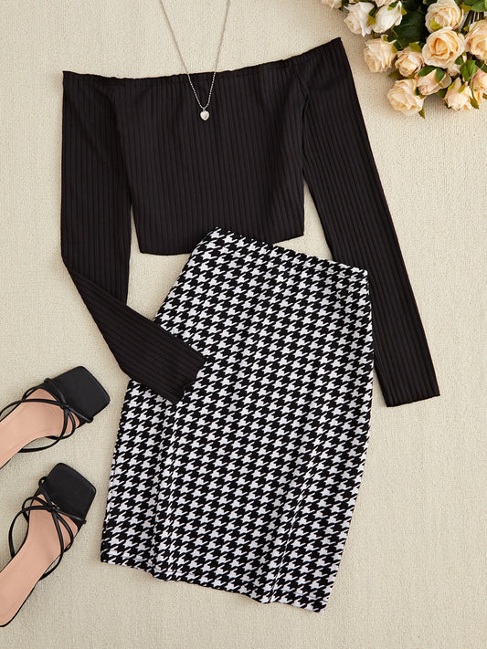 Off-Shoulder Long Sleeve Top and Houndstooth Skirt Set - AMIN Clothing 