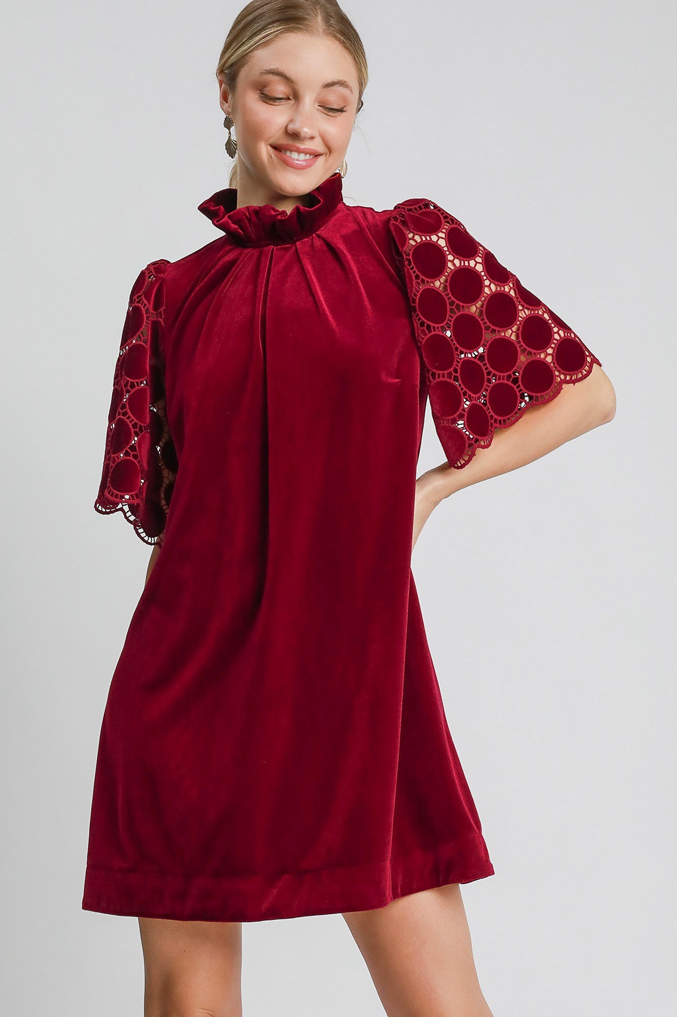 Umgee Dotted Lace Half Sleeve Mock Neck Back Tie Velvet Dress - AMIN Clothing 