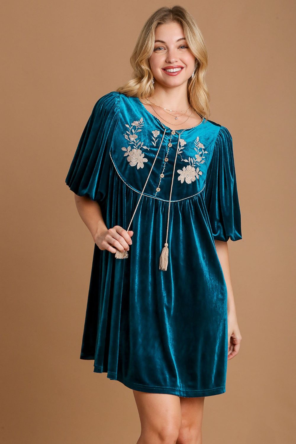 Umgee Embroidered Half Sleeve Velvet Mini Dress with Tassel - AMIN Clothing 