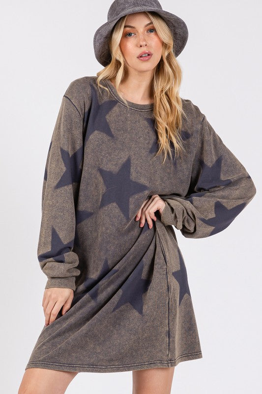 SAGE + FIG Washed Star Print Round Neck Dress - AMIN Clothing 