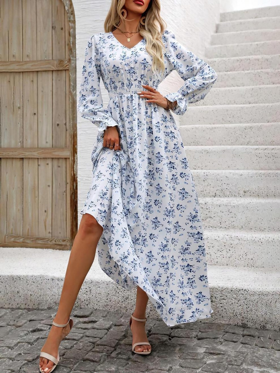 Smocked Printed V-Neck Flounce Sleeve Dress - AMIN Clothing 