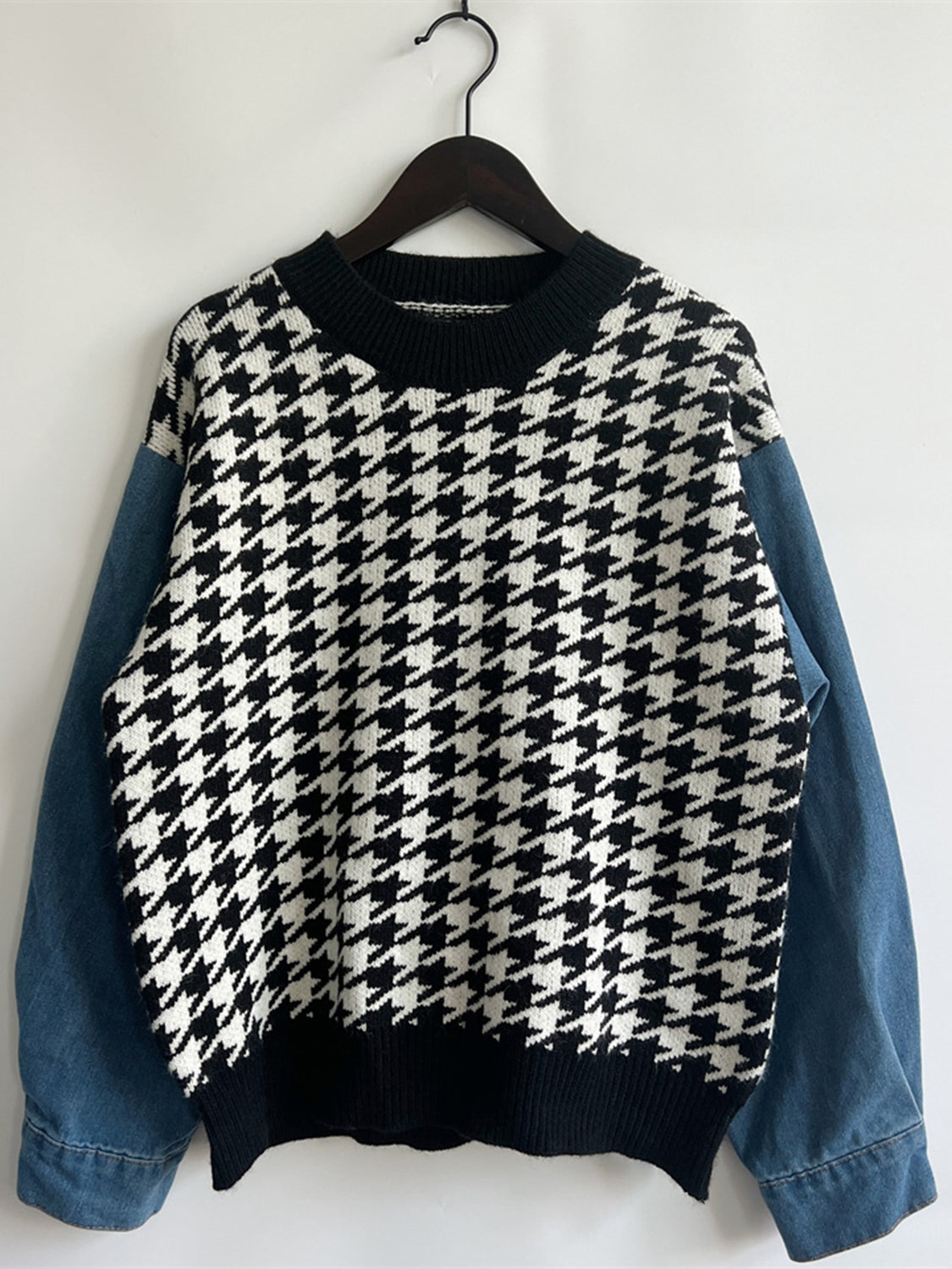 Houndstooth Denim Sleeve Sweater - AMIN Clothing 