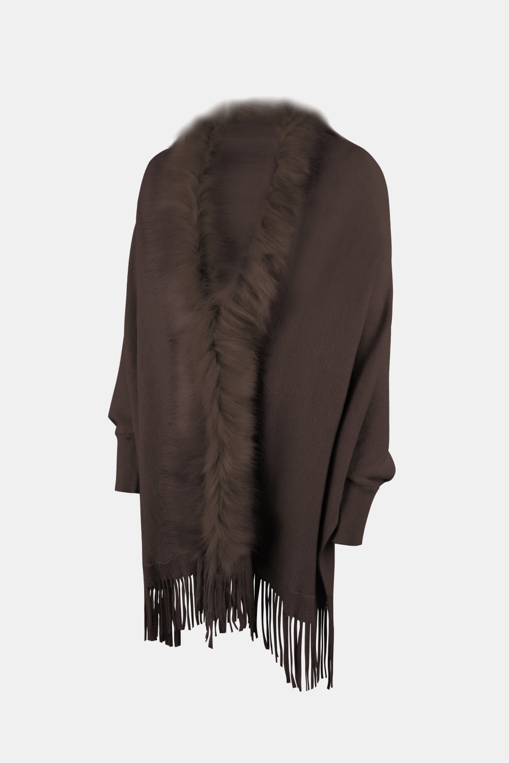 Fringe Open Front Long Sleeve Poncho - AMIN Clothing 