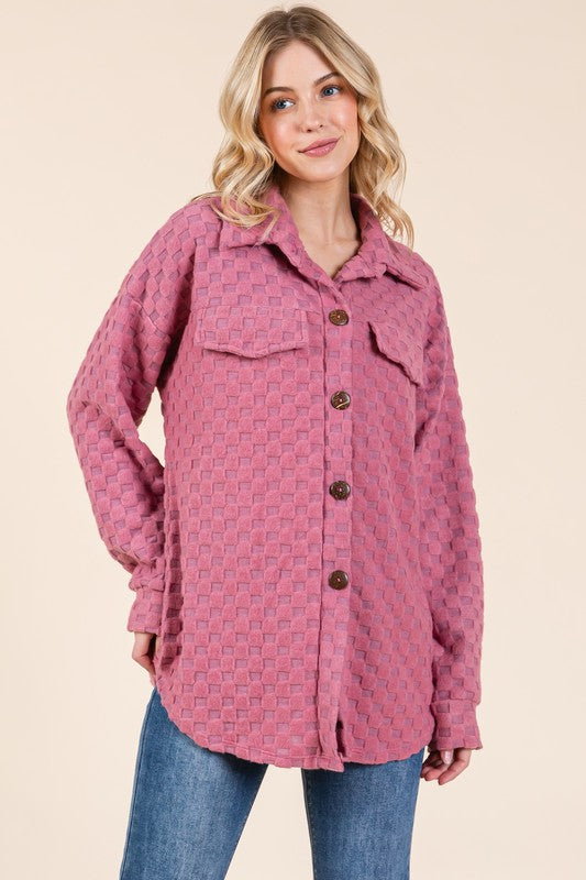 BOMBOM Checkered Button Down Dropped Shoulder Shacket - AMIN Clothing 