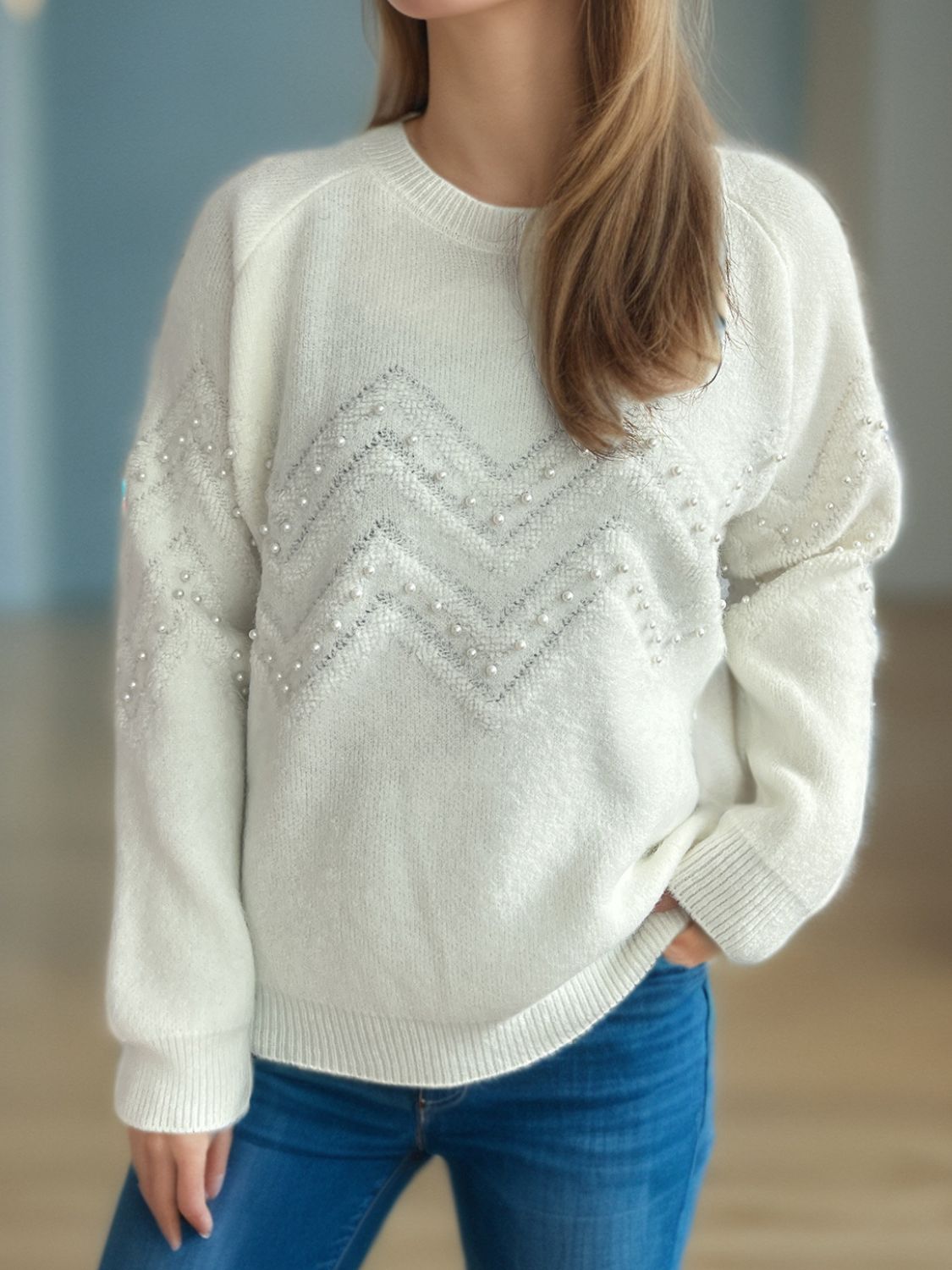 Pearl Trim Round Neck Raglan Sleeve Sweater - AMIN Clothing 