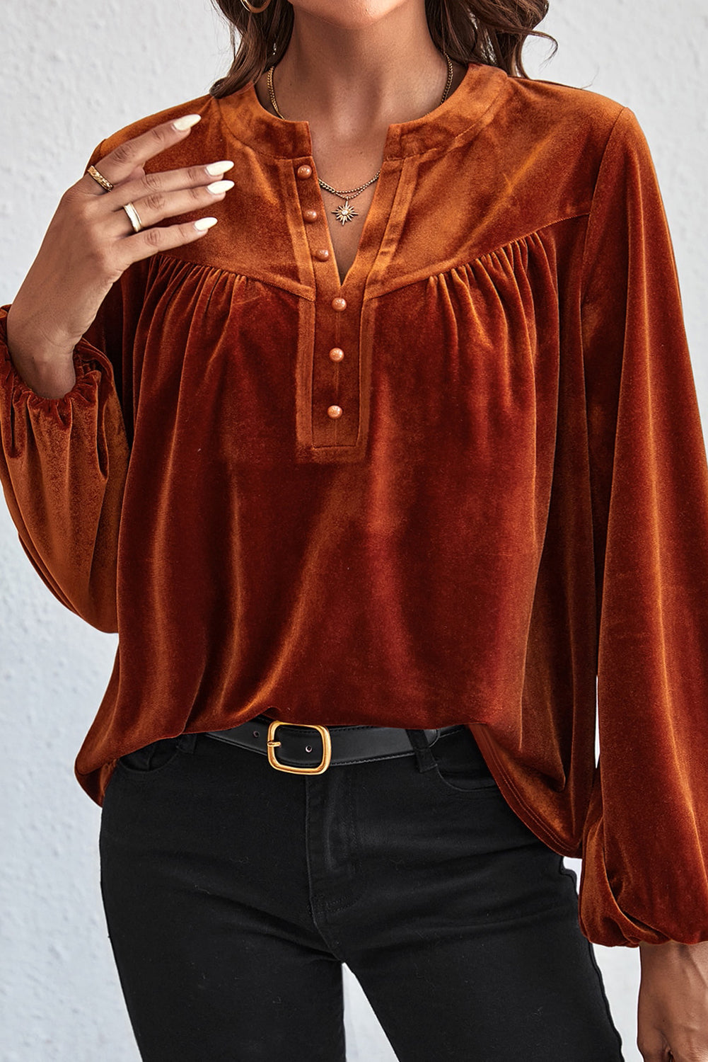 Ruched Decorative Button Notched Blouse - AMIN Clothing 