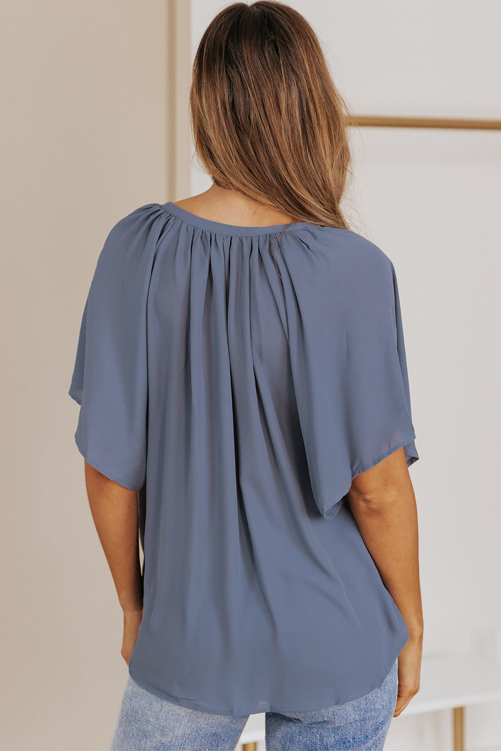 Gathered Detail Notched Neck Flutter Sleeve Top - AMIN Clothing 